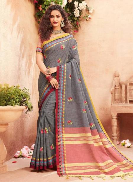 Gray Colour STYLEWELL ANOKHI Fancy Designer Festive Wear Jacquard Linen Exclusive Embroidery Stylish Saree Collection 751
